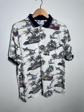 Vintage Michael Austin Polo with Navy Trim and All Over Tropical Print
